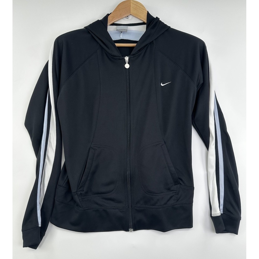 Vintage Silver Tag Nike Full Zip Track Jacket Hoodie Womens L Black White Blue
